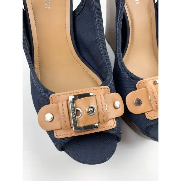 Gianni Bini Platform Wedge Heel Sandals Blue Tan Peep Toe Slingback Women's 8.5 - Picture 4 of 10